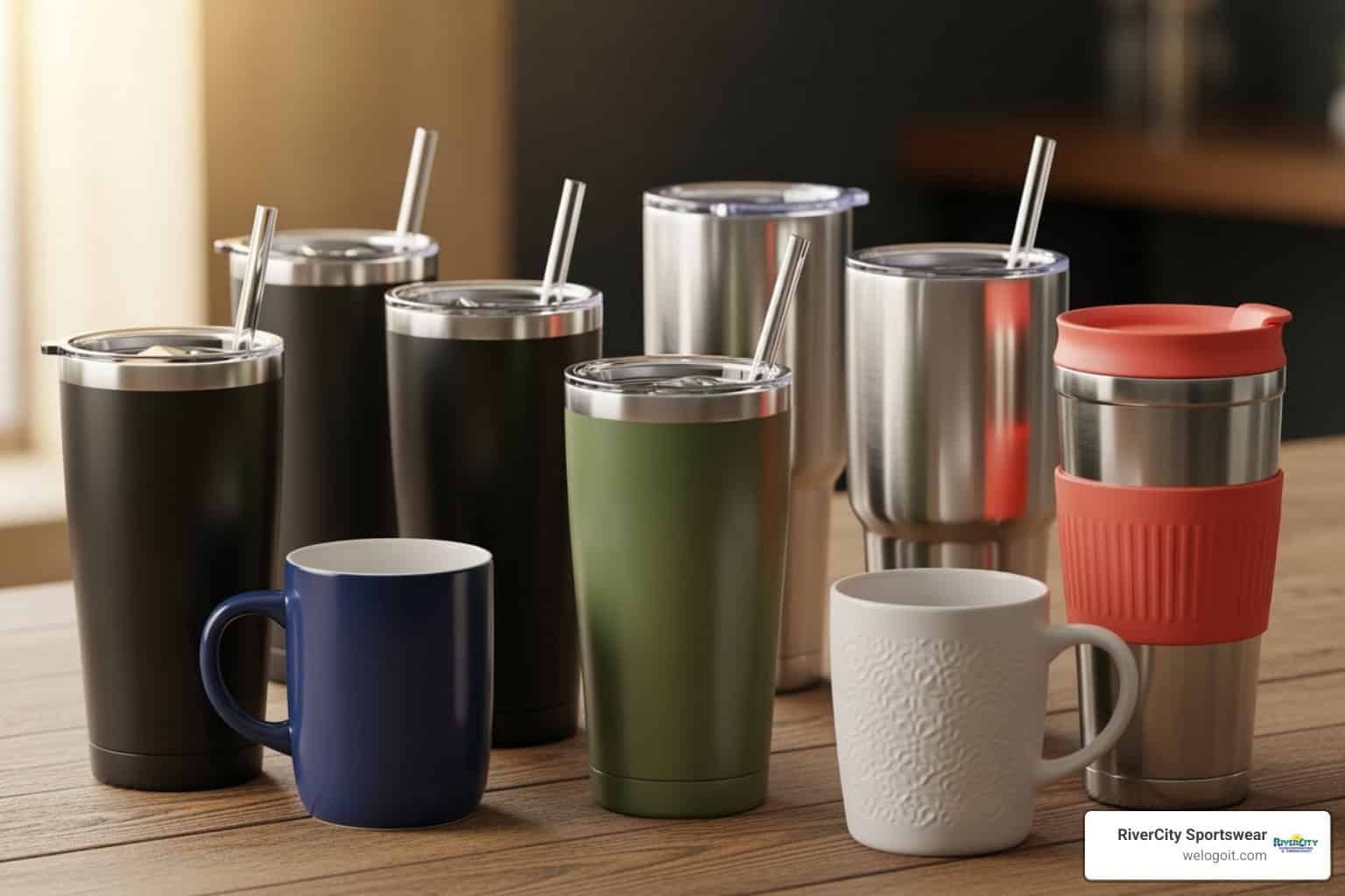 Stainless steel tumblers and mugs with custom logos, perfect for promotional branding and marketing.